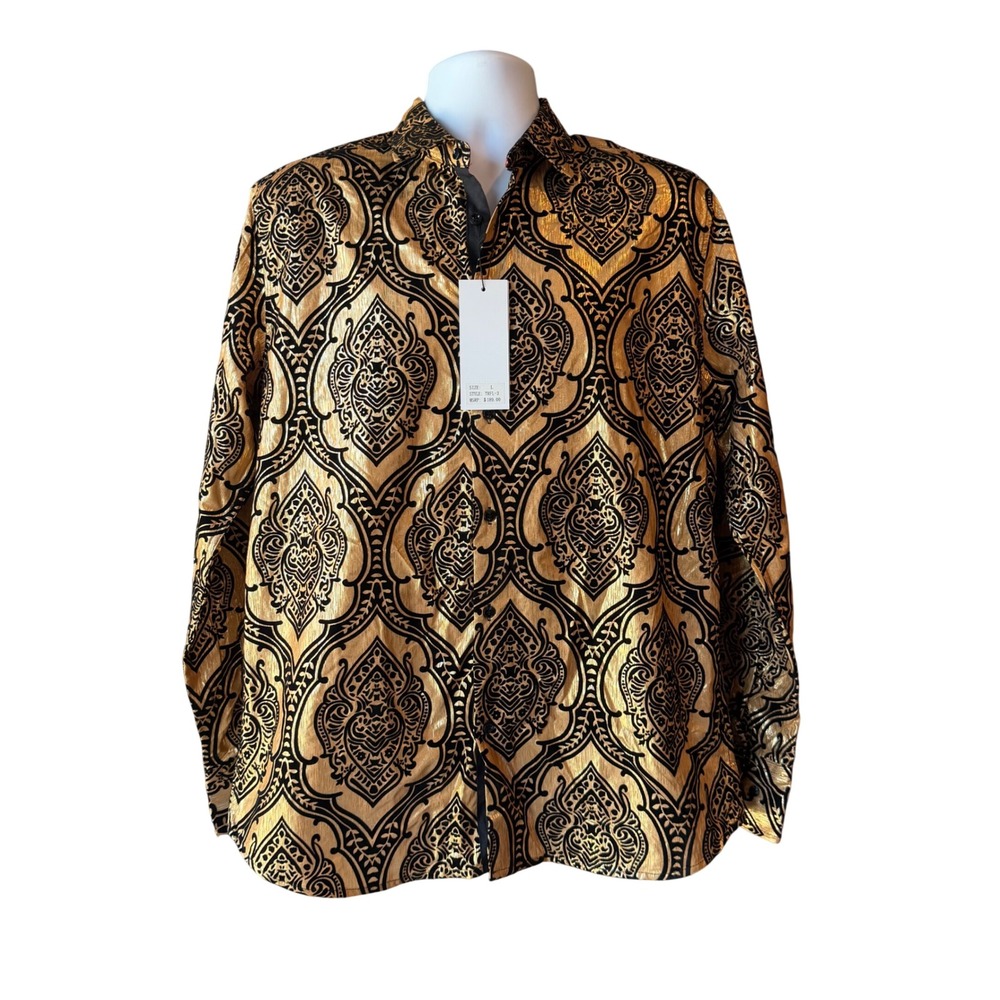 American Breed Smart Shirt Gold Black Flocked Baroque Button Up Size Large NWT